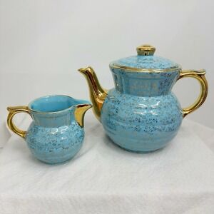 Vintage Enterprise China Blue Turquoise Drip-O-Lator Teapot Creamer Gold Floral